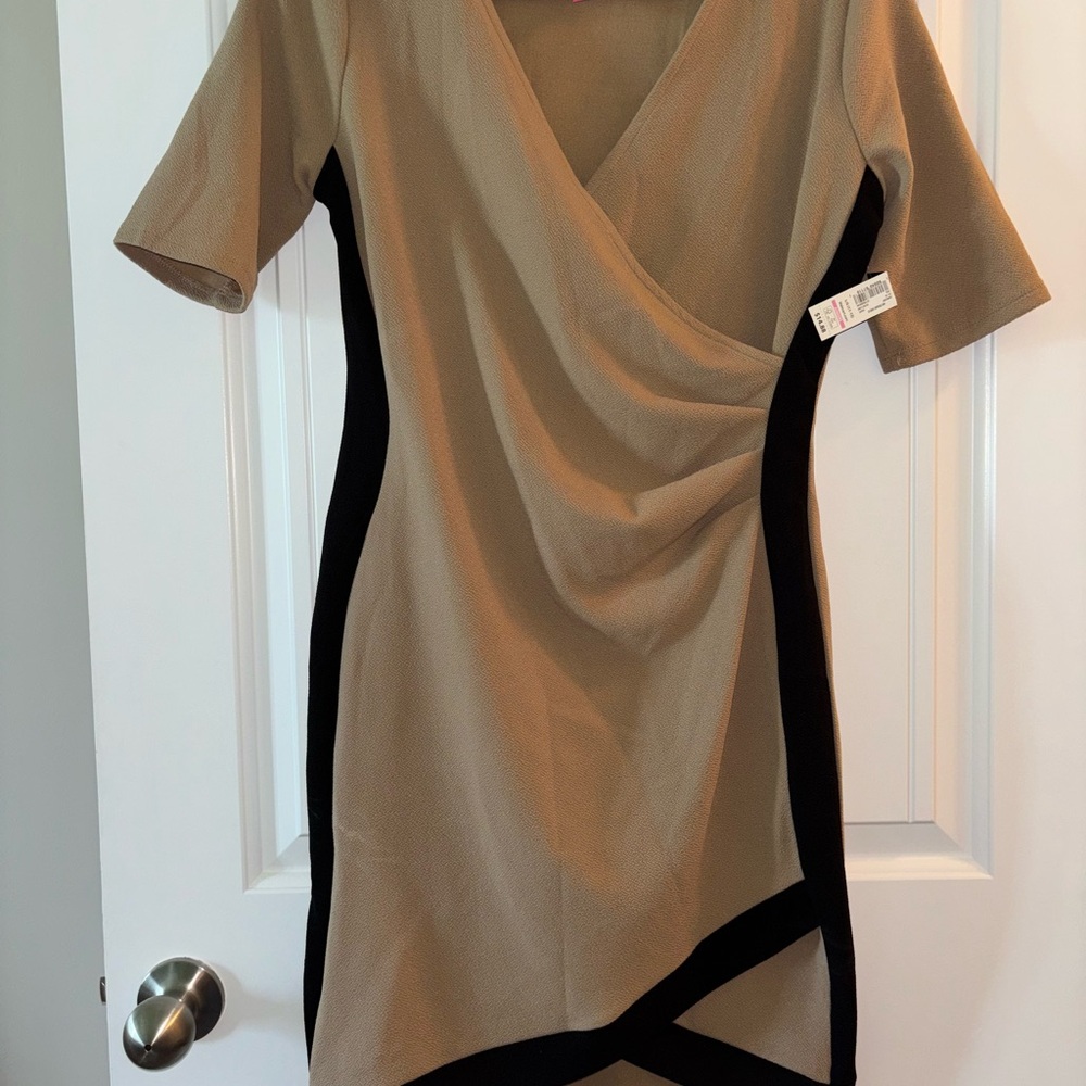 No Boundaries Cream and Black Asymmetrical Sheath Dress